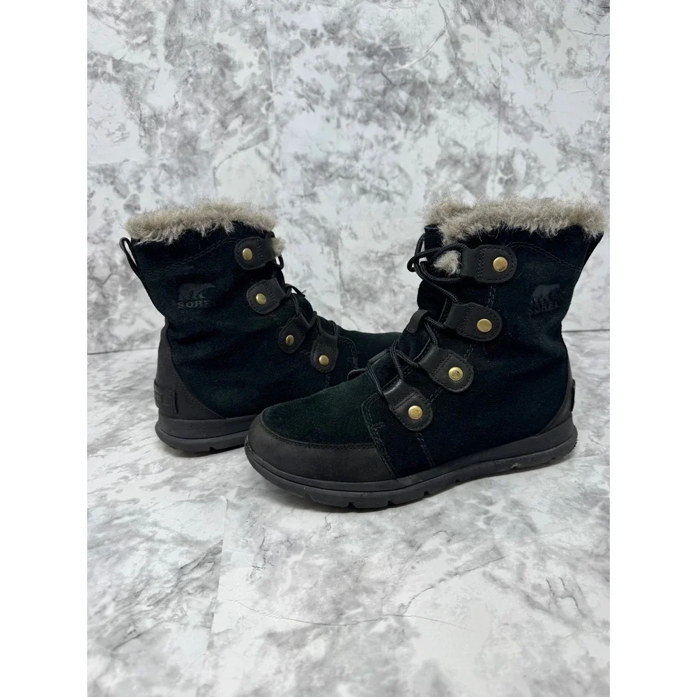 Sorel Whitney 🖤Short Lace Black Suede Faux Fur Waterproof Winter‎ Boots